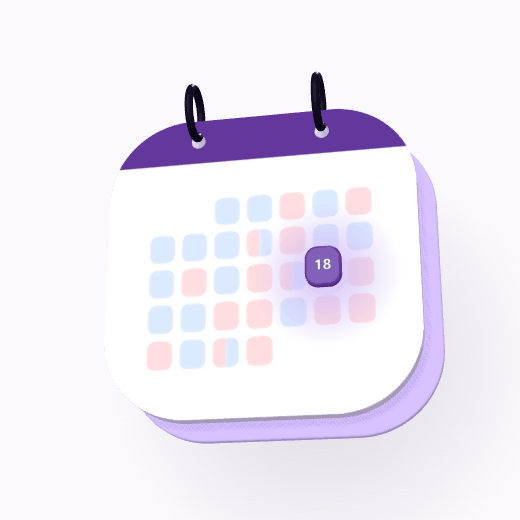 Two calendar pads, one with a red header and one with a blue header, lying one over the other: where they meet, the headers blend to purple, and one day, Saturday the 18th, glows purple: the one day both are free.